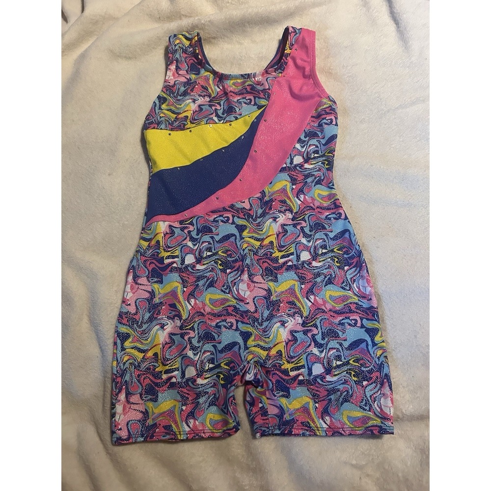 Moret Active Girl Gymnastics Biketard Unitard Size 8/10 Pink Blue Swirl Dance